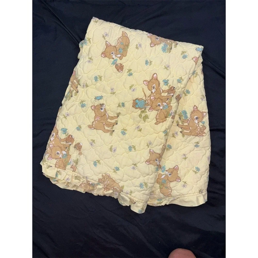 Vintage Woodland Baby Deer Crib Quilt Yellow Ruffle Blanket Nursery 54x42 Fawn